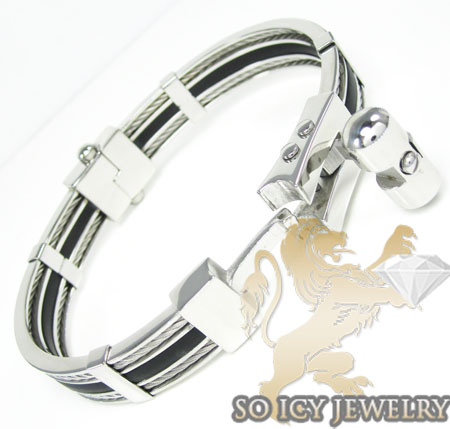 White stainless steel black rubber link bracelet