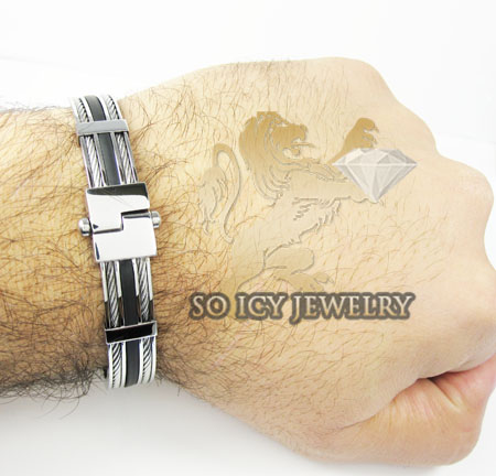 White stainless steel black rubber link bracelet