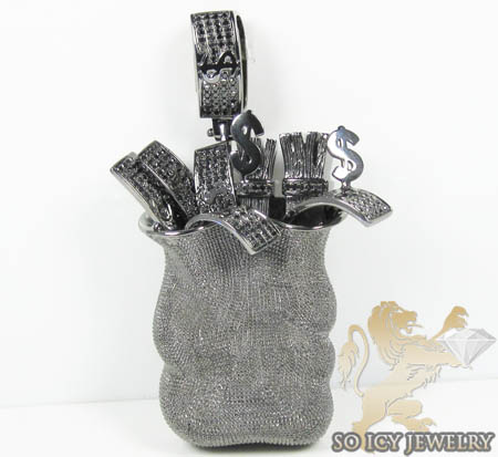 Mens 10k black gold diamond money bag pendant 2.00ct
