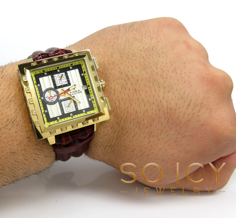 Mens aqua master genuine diamond yellow square watch 0.20ct