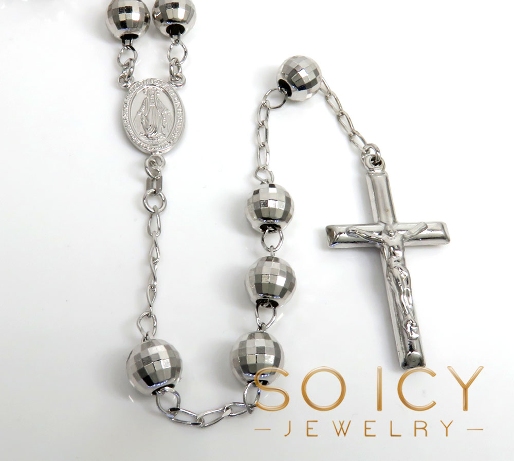 .925 silver diamond cut rosary italy necklace 40 inches 8mm