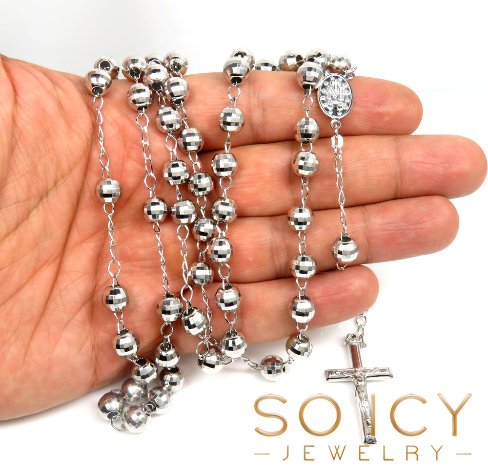 .925 silver diamond cut rosary italy necklace 40 inches 8mm