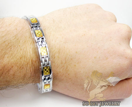 Two tone stainless steel yellow checkered link bracelet