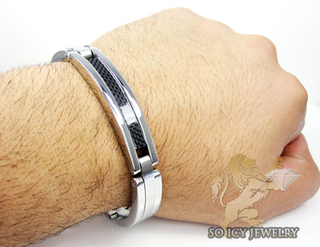 White stainless steel black carbon fiber link bracelet