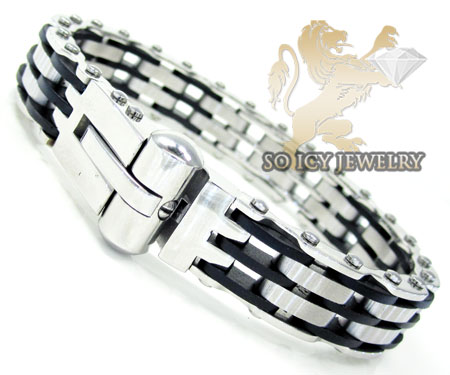 White stainless steel rubber link handcuff bracelet