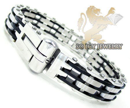 White stainless steel rubber link handcuff bracelet - Image 2