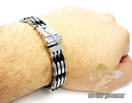 White stainless steel rubber link handcuff bracelet
