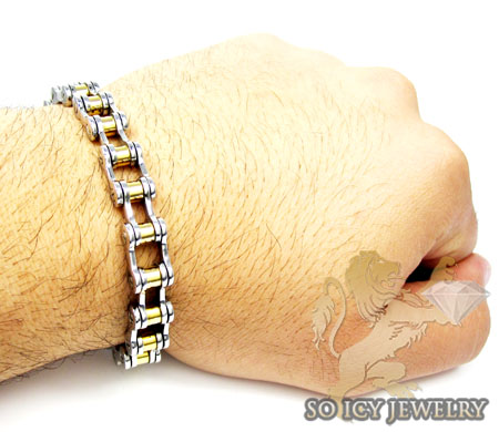 Two tone stainless steel bicycle chain bracelet - Image 2