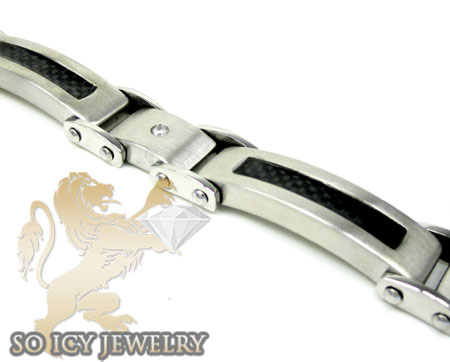 White stainless steel black carbon fiber link bracelet