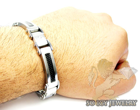 White stainless steel black carbon fiber link bracelet - Image 3