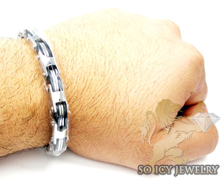 White stainless steel black enamel link bracelet - Image 2