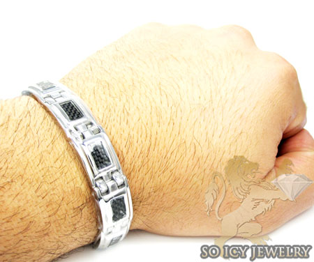 White stainless steel black carbon fiber box link bracelet