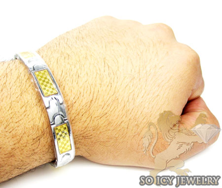 Two tone stainless steel yellow pattern checkered link bracelet