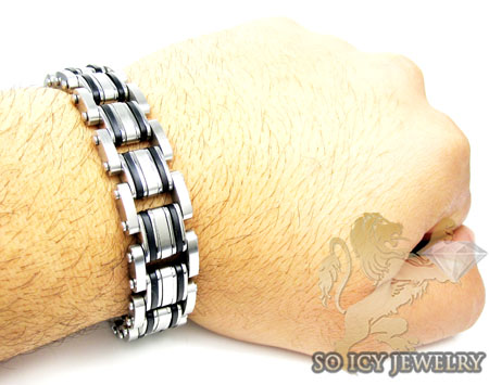 White stainless steel multi-link design black enamel bracelet