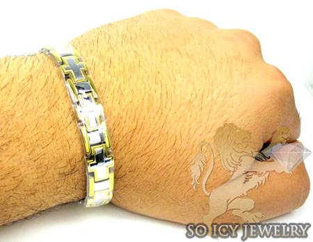 Two tone stainless steel cross link bracelet