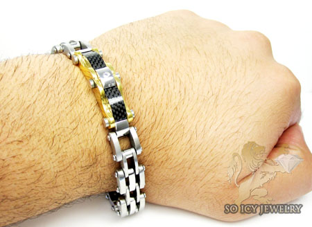 Two tone cz stainless steel carbon fiber bicycle bracelet