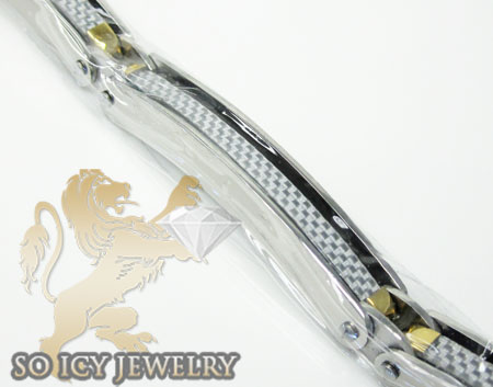 Two tone stainless steel white carbon fiber link bracelet - Image 2