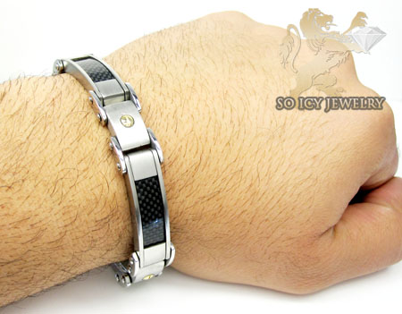 Two tone stainless steel black carbon fiber screw link bracelet - Image 2