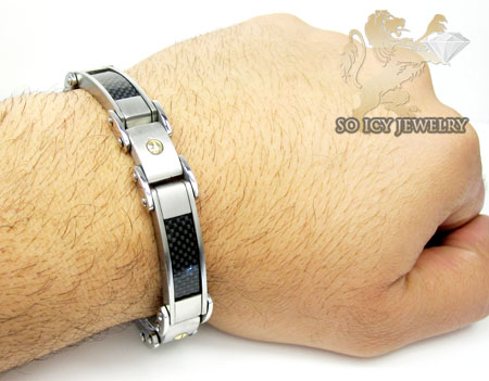 Two tone stainless steel black carbon fiber screw link bracelet