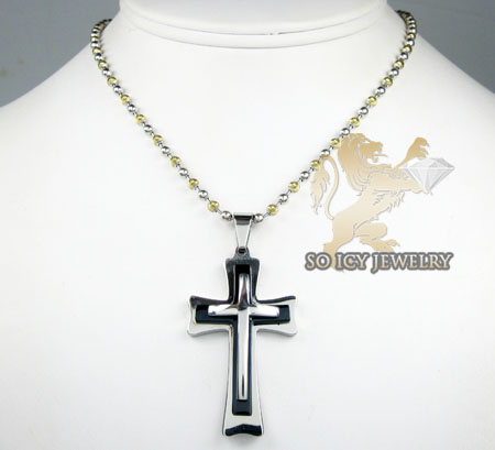 White stainless steel triple layered black enamel cross pendant 