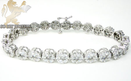 Ladies 14k white gold round diamond flower bracelet 7.00ct