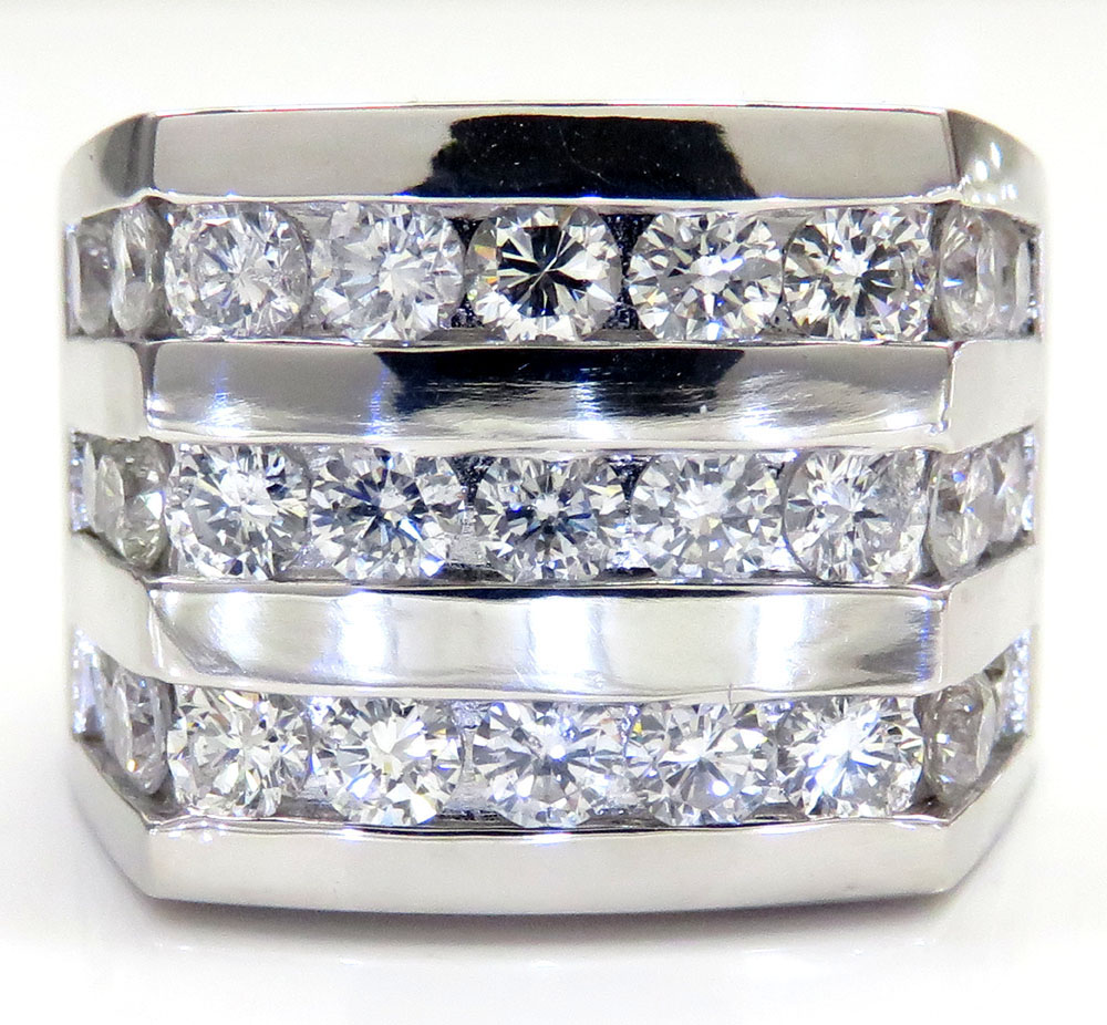 14k white gold 3 row diamond fashion mens ring 3.85ct