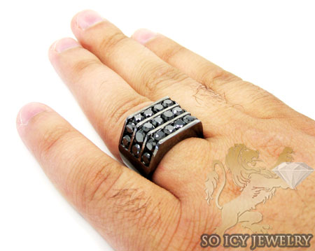 14k black gold 3 row black diamond fashion mens ring 6.00ct