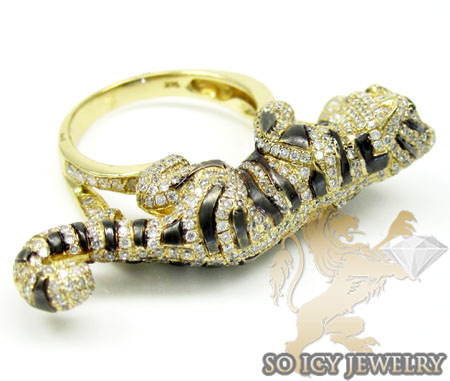 Ladies 14k yellow gold diamond black rhodium tiger ring 2.00ct