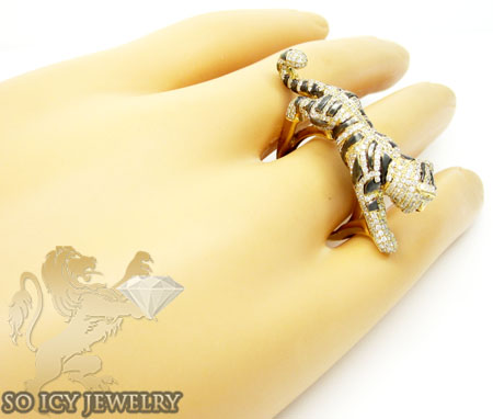 Ladies 14k yellow gold diamond black rhodium tiger ring 2.00ct