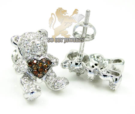 Ladies 10k white gold diamond heart teddy bear earrings 0.35ct - Image 2