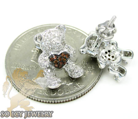 Ladies 10k white gold diamond heart teddy bear earrings 0.35ct