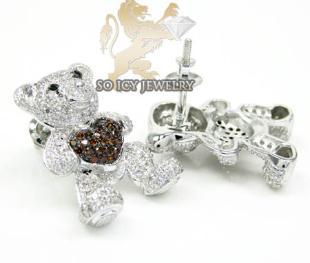 Ladies 10k white gold diamond heart teddy bear earrings 0.80ct