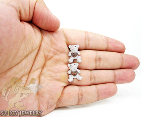 Ladies 10k white gold diamond heart teddy bear earrings 0.80ct