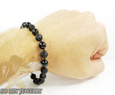 Black sterling silver black diamond macramé smooth bead rope bracelet 13.25ct