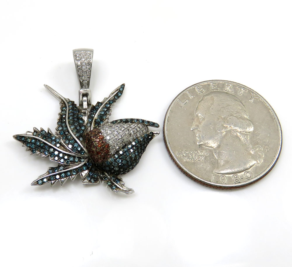 14k white gold blue & red diamond marijuana leaf pendant 1.10ct