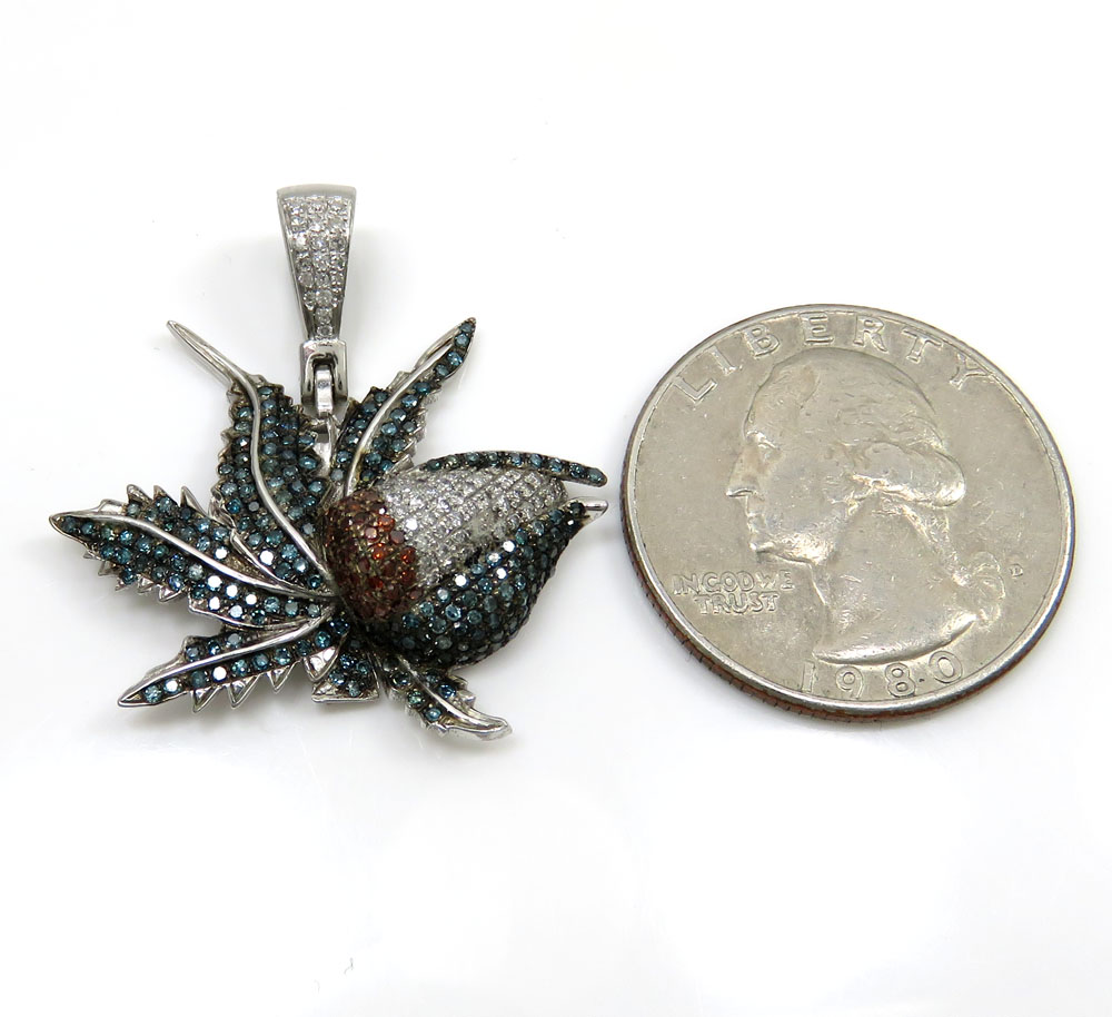14k white gold blue & red diamond marijuana leaf pendant 1.10ct - Image 2