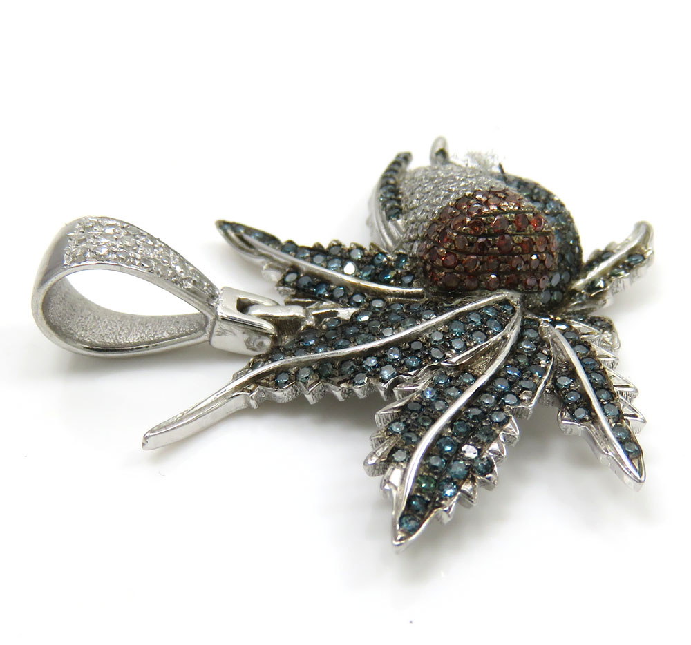 14k white gold blue & red diamond marijuana leaf pendant 1.10ct