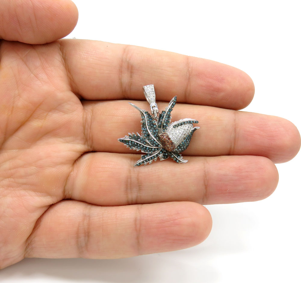 14k white gold blue & red diamond marijuana leaf pendant 1.10ct - Image 5