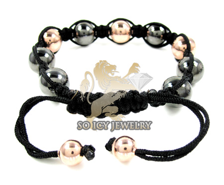 Rose & black sterling silver macramé smooth bead rope bracelet