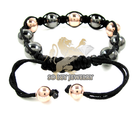 Rose & black sterling silver macramé smooth bead rope bracelet - Image 2