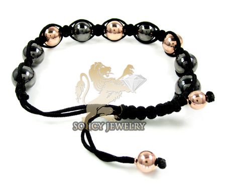 Rose & black sterling silver macramé smooth bead rope bracelet