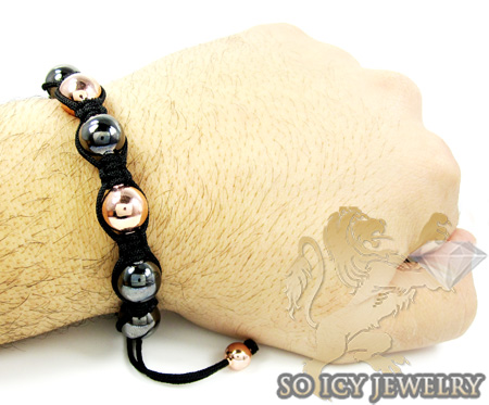 Rose & black sterling silver macramé smooth bead rope bracelet