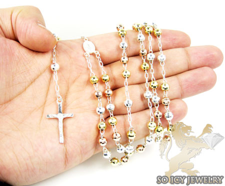 Tri color sterling silver rosary chain necklace 26 inches 5.8mm