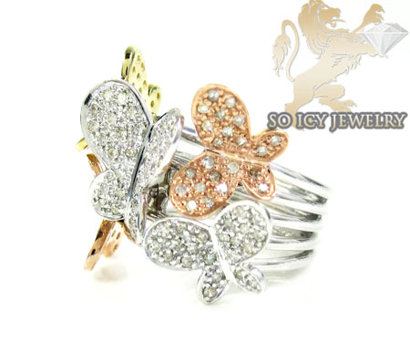 Ladies 10k three tone gold diamond butterfly ring 0.80ct