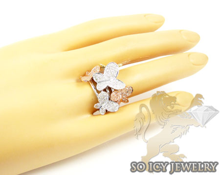 Ladies 10k three tone gold diamond butterfly ring 0.80ct