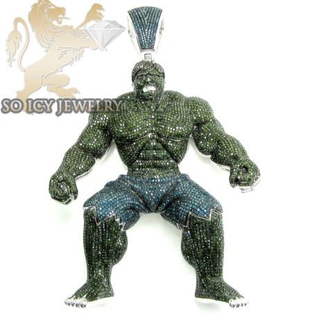 Hulk 10k white gold green & blue diamond pendant 28.00ct