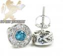 14k solid white gold blue diamond cluster earrings 1.25ct