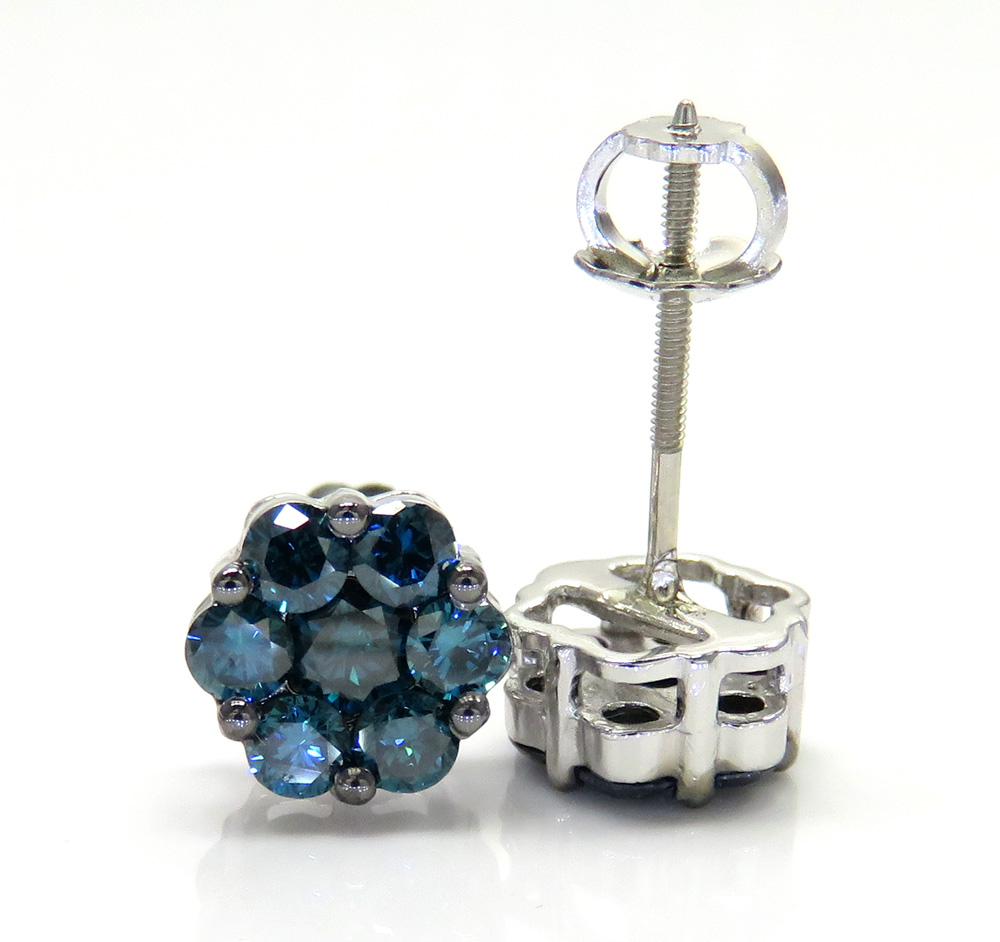 14k solid gold blue diamond 7mm cluster earrings 1.00ct