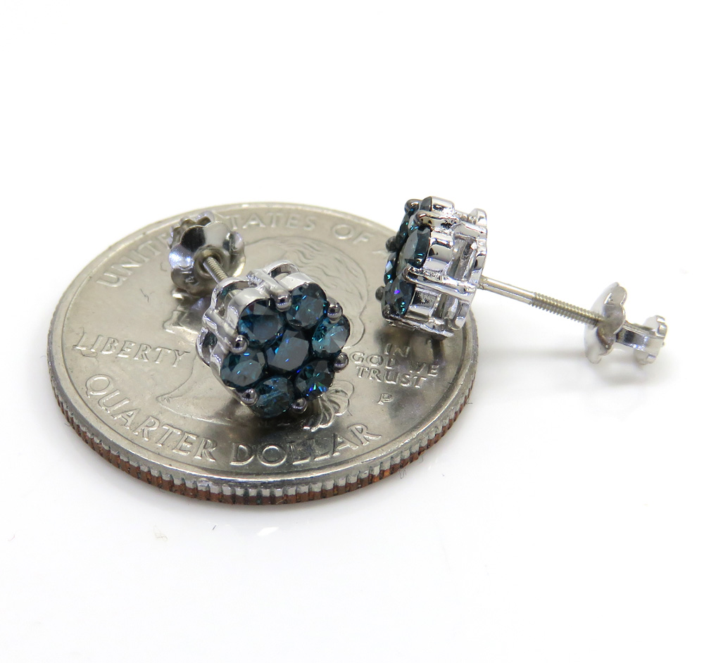 14k solid gold blue diamond 7mm cluster earrings 1.00ct - Image 3