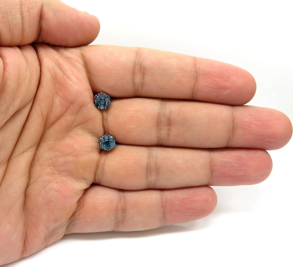 14k solid gold blue diamond 7mm cluster earrings 1.00ct
